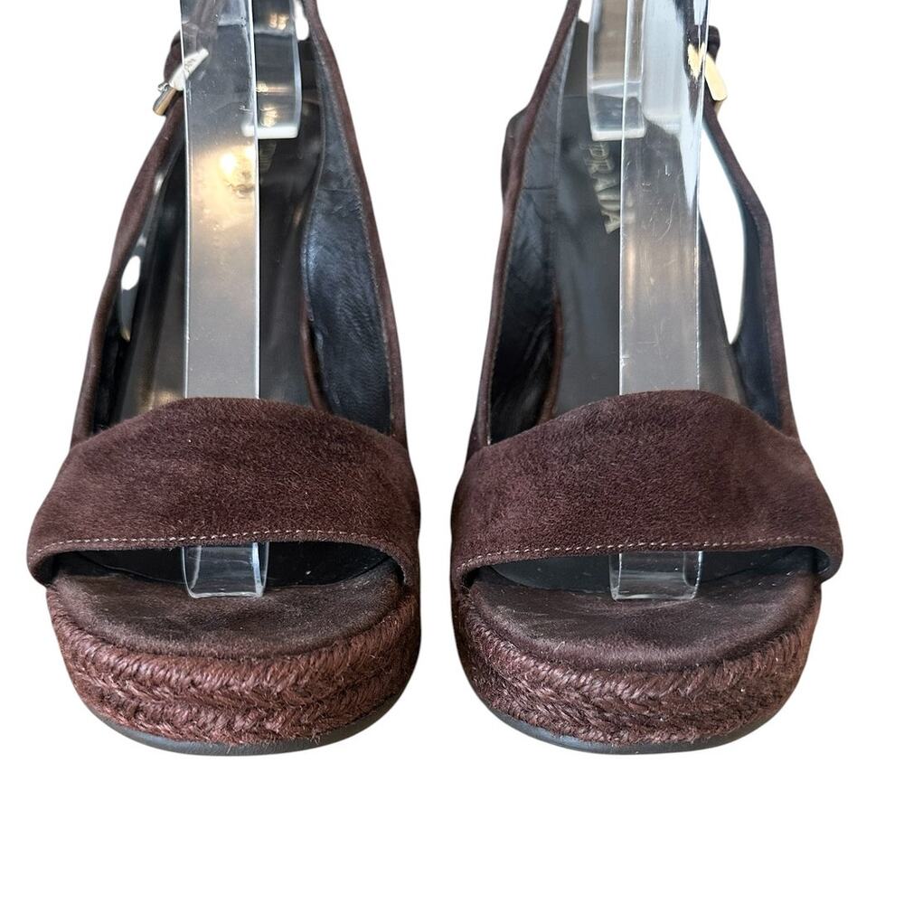 Prada Y2K Vintage Brown Suede Slingback Wedge Chunky Sandals 36.5 - Picture 4 of 10